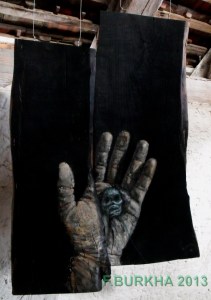 COULEUR JADE, ACRYLIQUE TERRE ET OXYDE SUR BOIS CALCINÉ